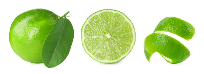 Fresh limes with peel isolated on white, set