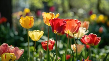 Sunny day showcasing blooming spring flowers