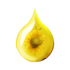 Cooking oil drop with sunflower inside on white background