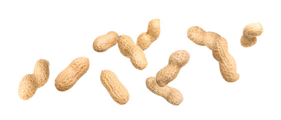 Unpeeled peanuts in air on white background