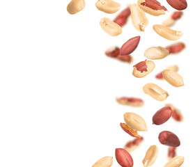 Unpeeled peanuts in air on white background