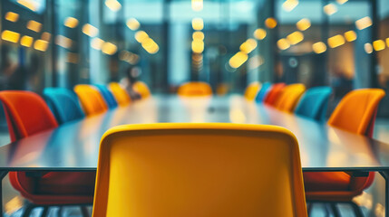 Modern Conference Room with Colorful Chairs and Bright Lighting