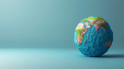 Crumpled paper world globe on clean blue background representing environmental issues and global awareness. 3D Illustration.