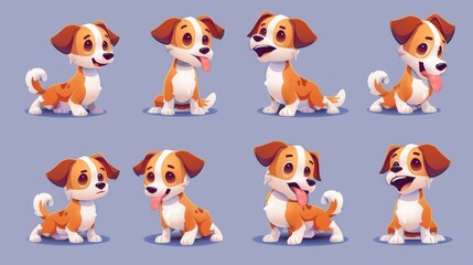 Funny cartoon puppy in various action poses. Modern illustration.