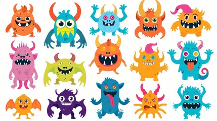 A funny baby character with eyes, horns, teeth, tongues, and fangs. Cute cartoon kawaii scary cartoon character. White background. Isolated. Flat design.