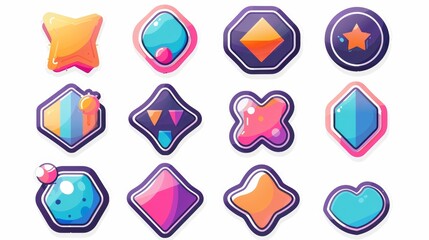 This is a colorful trendy sticker pack. Naive playful label shape set. Retro patch cartoon collection. Brutalism aesthetic. Geometric element.