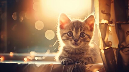 Adorable kitten sitting on a windowsill enjoying warm sunlight. Perfect pet stock photo for various purposes.