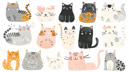 This collection of felines is a collection of funny characters in different poses and messes in the house. A nursery modern illustration in simple Scandinavian style using a colorful palette that is