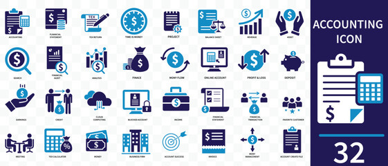 Accounting icon set. Containing financial statement, accountant, financial audit, invoice, tax calculator, business firm, tax return, income and balance sheet icons. Solid icon collection