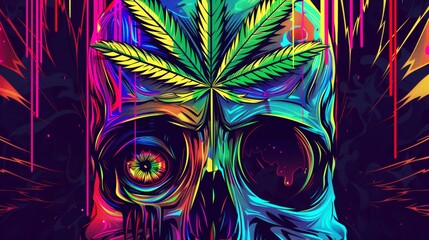 The abstract line stripe background features a cannabis leaf, an eye, and a skull.