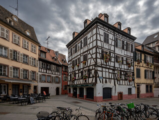Strasbourg, France - 06 28 2023: Strasbourg city: View of typical colorfull Alsatian facades buildings in a Place