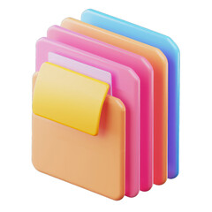 Colorful character icon stack of folders in pastel colors, representing organization, digital storage, and file management concepts, isolated on a transparent background.