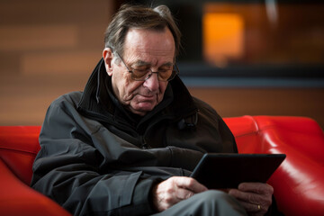 Elderly man engrossed in reading on a tablet indoors