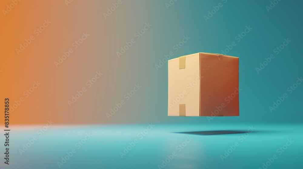 Poster floating cardboard box against a vibrant gradient background, symbolizing innovation and futuristic 