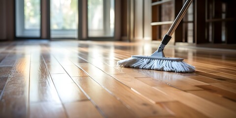 Close-up of a parquet floor being cleaned with a mop in a room. Concept Wooden Flooring, Cleaning Routine, Home Maintenance, Household Chores, Close-up Details