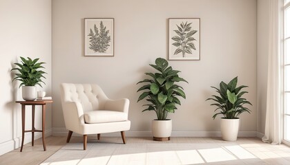 Minimalist living room with white vintage armchair carpet and elegant home decor including a dry plant in a vase against a copy space wall