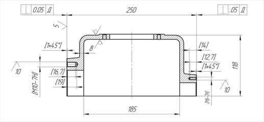 Assembly drawing of reducer cover.
Vector drawing of steel mechanical detail with
 bolted connection and dimension lines.
Engineering cad scheme. Technical template. 