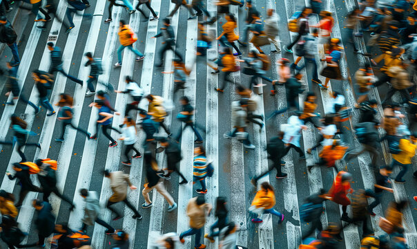 A bustling crowd of people walking quickly in multiple directions on a busy city street, capturing the dynamic energy and movement of urban life
