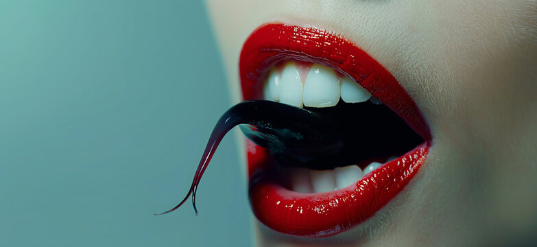Close-up of a woman's mouth with red lipstick, holding a small black snake, symbolizing cunning or duplicitous behavior and the willingness to manipulate others for personal gain