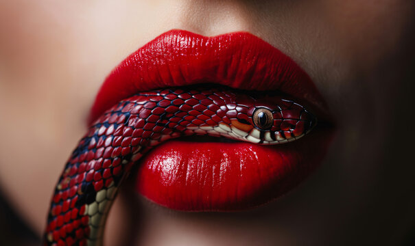 Close-up of a woman's red lips with a snake emerging, symbolizing danger, seduction, and a vicious nature