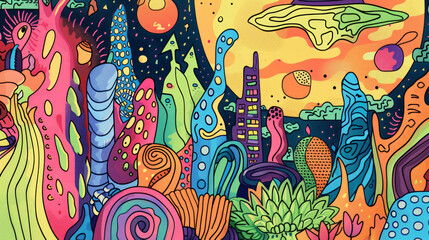 Obraz premium Colorful Abstract Alien Landscape - Vibrant and Whimsical Sci-Fi Illustration with Extraterrestrial Flora and Surreal Elements. Beautiful background or wallpaper.