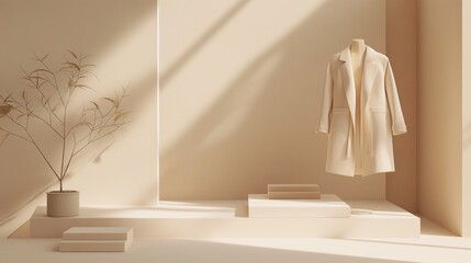A white blazer hangs on a wooden rack next to a platform. 