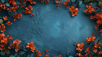 Deep blue wall background with orange bougainvillea copy space empty