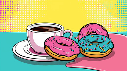 Pop art concept. Donuts and coffee.