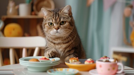 Cat sitting at a child's small table, with toy food and miniature plates, creating an adorable and playful scene.