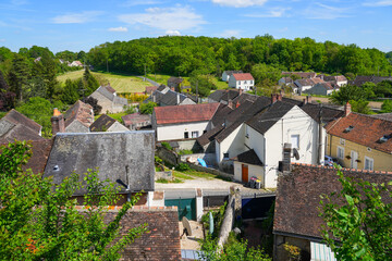 Obraz premium Aerial view of a residential neighborhood of Château-Landon, a rural village of the Gâtinais in the French department of Seine-et-Marne, France