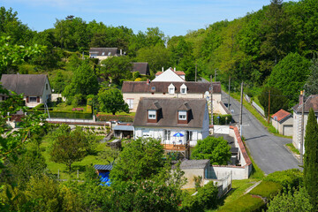 Aerial view of a residential neighborhood of Château-Landon, a rural village of the Gâtinais in the French department of Seine-et-Marne, France