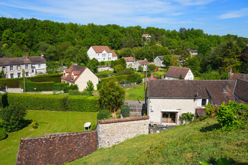 Aerial view of a residential neighborhood of Château-Landon, a rural village of the Gâtinais in the French department of Seine-et-Marne, France