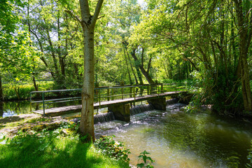 Waterfall on the Fusain river in the Parc de la Tabarderie in Château-Landon, a rural village of the Gâtinais in the French department of Seine-et-Marne, Paris Region, France