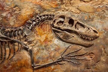 Close-up of a dinosaur skeleton fossil embedded in rock with earthy tones. Macro shot of ancient remains with detailed texture. Design for poster, print, wallpaper, banner. Generative AI