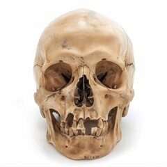 Fototapeta premium Front view of a human skull on a white background. Studio photography. Anatomy and science concept. Generative AI