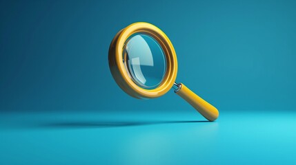 Magnifying glass with a yellow handle placed on a blue surface, highlighting the concept of search, exploration, and investigation. 3D Illustration.