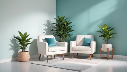 Minimalist living room with white vintage armchair carpet and elegant home decor including a dry plant in a vase against a copy space wall