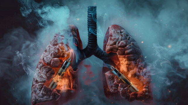 A depiction of human lungs filled with smoke and electronic cigarettes, highlighting the harmful effects of vaping on respiratory health.