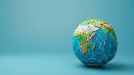 Miniature earth globe with continents and oceans on a blue background. Earth model depicting global geography and environment. 3D Illustration.