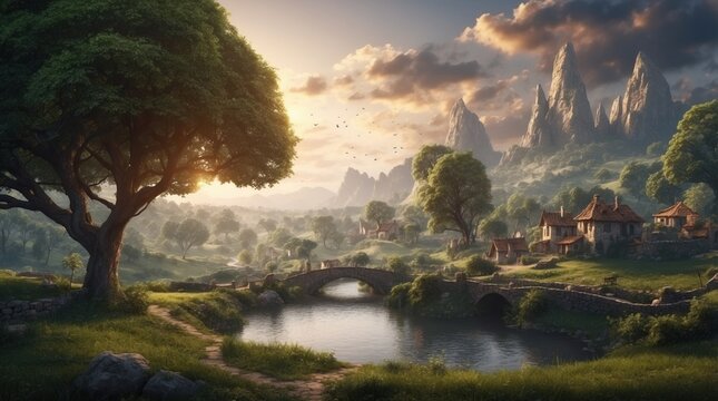 Beautiful fantasy game illustration showing a panoramic view of a steampunk town