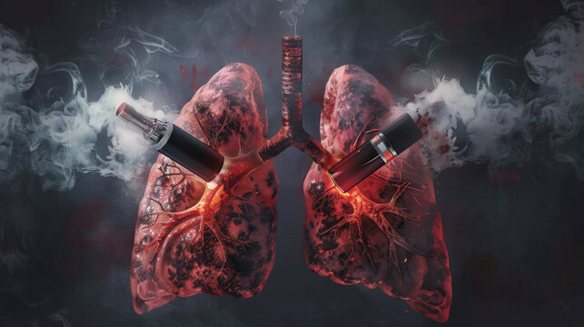 An artistic depiction of unhealthy lungs compared to smoking vapes, highlighting the detrimental impact of vaping on lung health through a dramatic, smoky visual.
