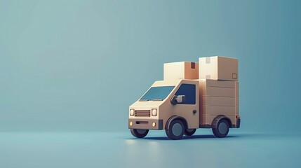 Minimalist 3D illustration of a small moving truck with cardboard boxes on a light blue background. 3D Illustration.