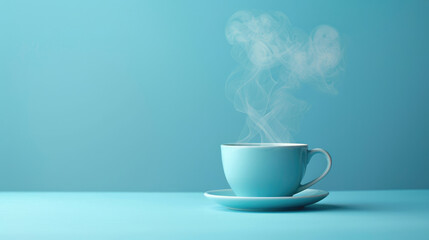 Blue cup with pastel smoke wafting upwards on a blue background. A gentle and inviting advertising shot with warm steam from a hot drink. Close-up with minimal design and copy space.