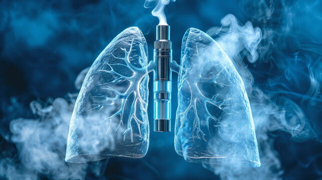 A central vape device amidst semi-transparent, smoke-filled lungs highlights the impact of vaping on respiratory health, with blue hues emphasizing the scene.