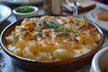 Mac and Cheese - Creamy macaroni with a golden cheese crust. 