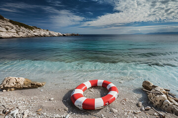 Naklejka premium Photorealistic image of a lifebuoy on a beach, with gentle waves approaching, surrounded by seaweed and small rocks, under a bright blue sky