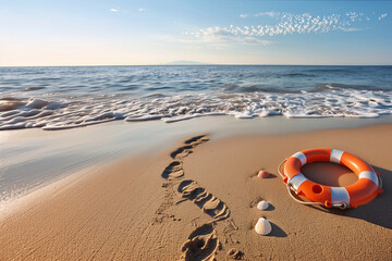 Obraz premium Photorealistic image of a lifebuoy on a beach, with gentle waves approaching, surrounded by seaweed and small rocks, under a bright blue sky