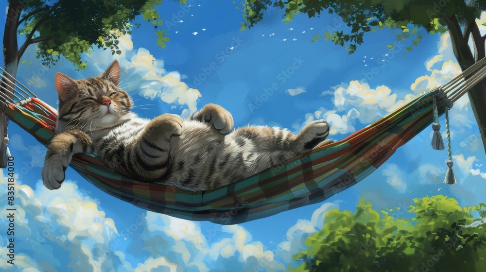 Poster fat cat lounging on a hammock, swaying gently with the breeze, in a serene outdoor setting with tree