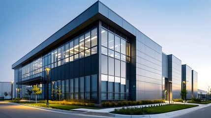 Exterior of a modern industrial building with sleek design and durable materials