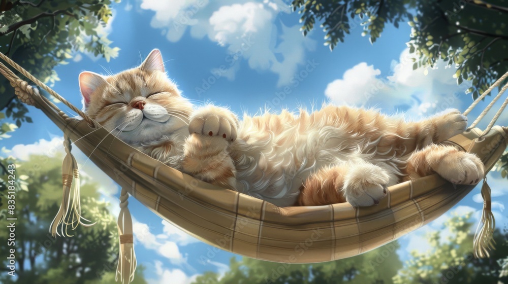 Poster fat cat lounging on a hammock, swaying gently with the breeze, in a serene outdoor setting with tree